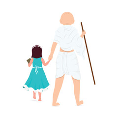 Back View Of Mahatma Gandhi (Bapu) Standing With Girl Character On White Background.