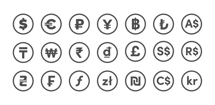 World currency icons set. Simple euro, dollar, pound, franc, ruble, yen, rupee, yuan, won, lira and other currencies signs. Vector money symbols collection for web, apps, design.