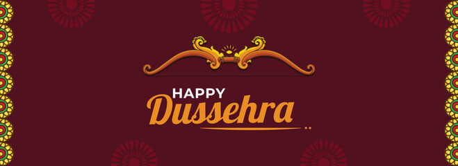 Fototapeta na wymiar Happy Dussehra Celebration Banner Or Header Design With Archer Bow On Red Mandala Border Background.