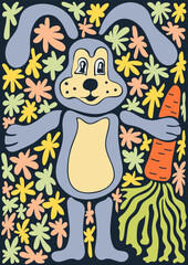 Abstract retro poster with cute rabbit in naive style. Fanny animal. Seventies, groovy background. Hippie Aesthetic. Vector print