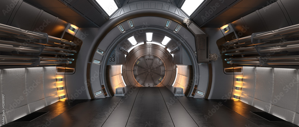Poster cinematic widescreen 3d rendering of science fiction space ship or station corridor with round doorw