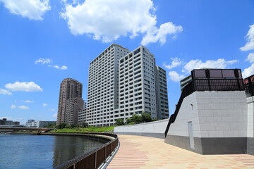 Obraz na płótnie Canvas 足立区を流れる隅田川と高層マンション群