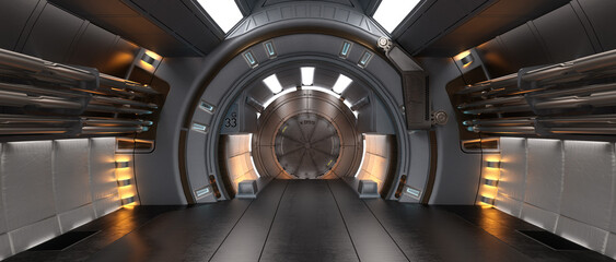 Cinematic widescreen 3D rendering of science fiction space ship or station corridor with round doorway.