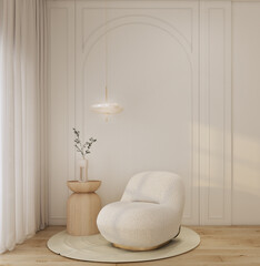 modern classic home interior living space with white fluffy armchair,plant in ceramic vase on  wood side table,white carpet,ceiling lamp,white arch  wall with moulding decorated  3d rendering.