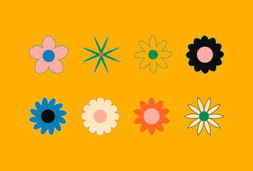 Retro vintage hand drawn decorative Hippie flowers, 60s and 70s abstract flower in bright colors, Modern trendy minimalist basic figures.