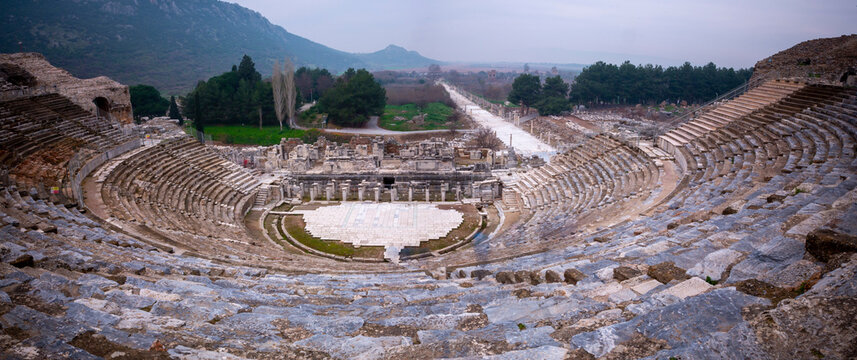 The Theatre of Ephesus (Efes) at Selcuk in Izmir Province, Turkey. The amphitheatre is the largest in the ancient world for gladiatorial combats and drama. Ephesus is a popular tourist destination.