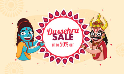 UP TO 50% Off For Dussehra Sale Banner Design With Cheerful Lord Rama And Demon king Ravana Character.