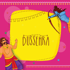 Happy Dussehra Celebration Concept With Hindu Mythology Lord Rama Targeting To Demon Ravana On Pink And Yellow Background.