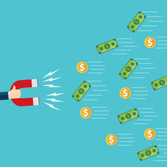 Business man holding a big magnet and attracting money, Investment attraction concept. 