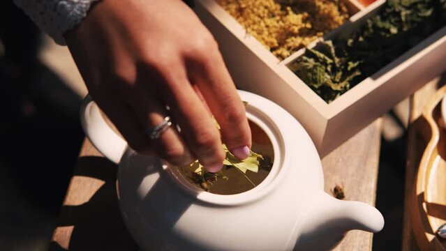 close up video of woman making some herbal tea in pot.
