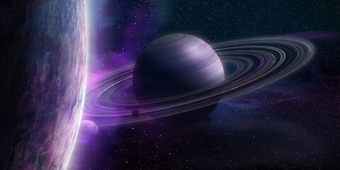 Gas giant next to a planet with turquoise and purple gamma rays and plasma. Saturn-like planet with rings and galaxy behind. 3d illustration  © David Costa Art