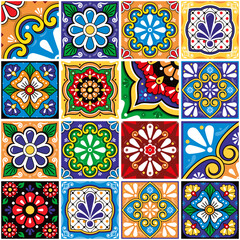 Mexican talavera tiles big collection, decorative seamless vector pattern set with flowers, leaves ans swirls
