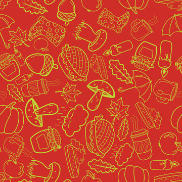 Autumn cute and cozy doodle image in vector. Cup of tea, cup of coffee, pumpkin, umbrella, pie, mushrooms, acorn, candle. Pattern