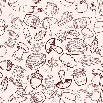 Autumn cute and cozy doodle image in vector. Cup of tea, cup of coffee, pumpkin, umbrella, pie, mushrooms, acorn, candle