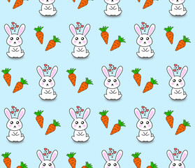 Seamless pattern with rabbits, hearts and carrots on a blue background. Cute baby print. Vector illustration.