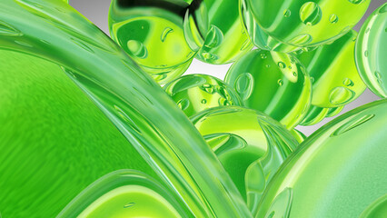 Green water drops. Abstract water with bubbles. 3D illustration