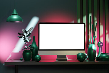 Dark Pink Green Abstract Geometric Computer Desktop PC Mockup Template 3D Render