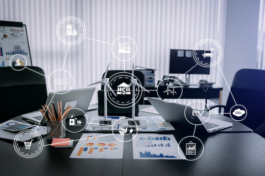 Carbon emissions to limit global warming and climate change to reduce CO2 levels through sustainable development. Business working with meeting room reduce CO2 concept .