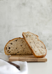 Sourdough bread with black olives. Copy space for text