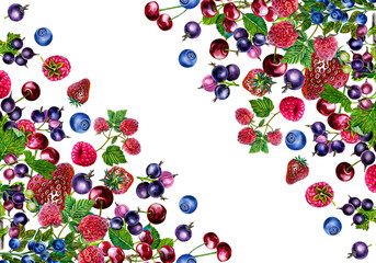 Berries. Frame with strawberries, raspberries and blueberries, cherries and currants. Watercolor. For packaging, labels