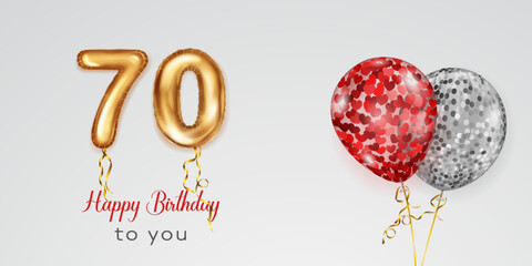 Festive birthday illustration with colored helium balloons, big number 70 golden foil balloon and inscription Happy Birthday on white background