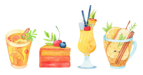 set of dessert, tea and cocktails with fruits and berries, watercolor hand drawn food illustration