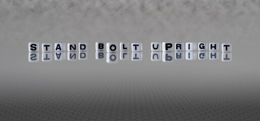 stand bolt upright word or concept represented by black and white letter cubes on a grey horizon...
