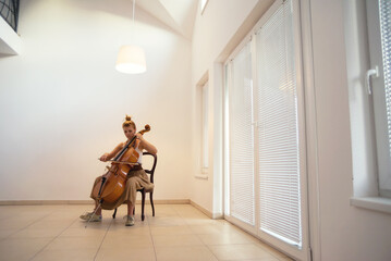 Young woman playing cello on the concert at night © Solid photos