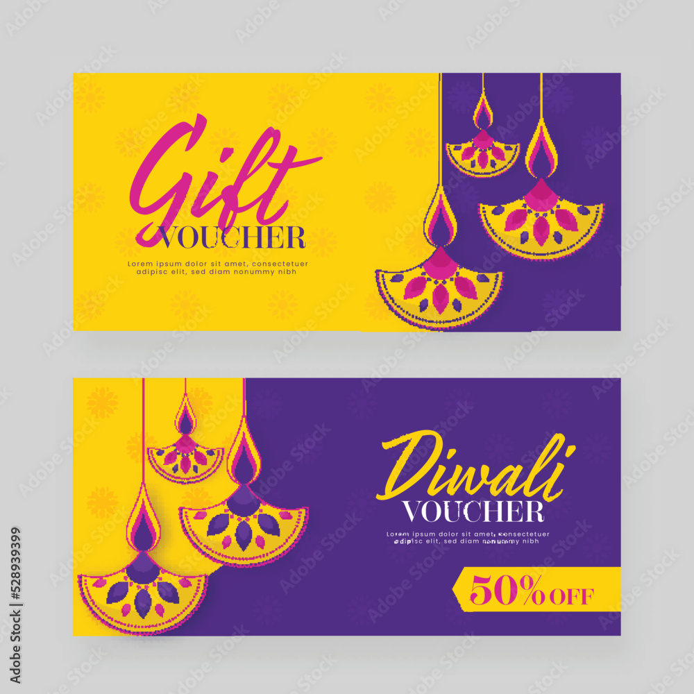 Canvas Prints diwali gift voucher template or banner set with 50% discount offer and hanging lit oil lamps (diya).