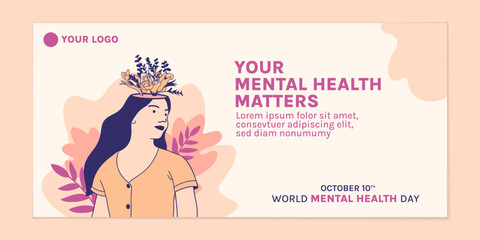 Illustrations beautiful flower inside female head for  world mental health day banner template