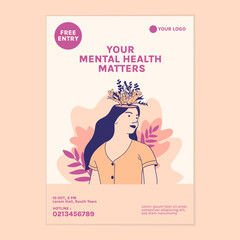 Illustrations beautiful flower inside female head for world mental health day poster template