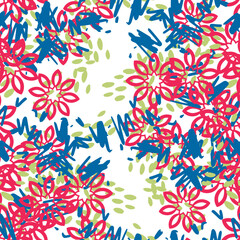 Abstract colorful messy doodle flower seamless pattern. Fantasy floral background. Ditsy floret texture.