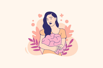 Illustrations beautiful woman hugs her brain for world mental health day design concept
