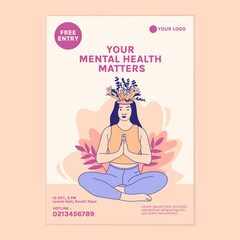 Illustrations beautiful flower inside female head for world mental health day poster template