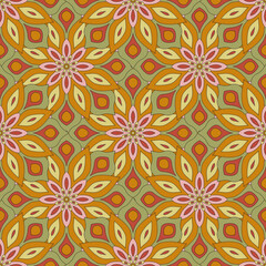 Fototapeta na wymiar Fantasy abstract seamless pattern with mandala flower. Mosaic, tile, polka dot. Floral background.