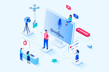 Blogging 3d isometric web design. People watch videos and subscribe to digital content, blogger recording and publishes videos on his channel, communicates with audience. Web illustration
