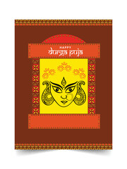 Happy Durga Puja Celebration Greeting Card With Creative Goddess Durga Face.