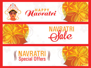 Set Of Navratri Sale Banner Or Header Design With Goddess Durga Face.
