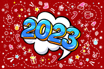 2023 new year. Numbers 2023 in pop art style