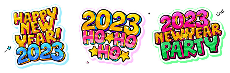 Happy New Year message in pop art style 2023.