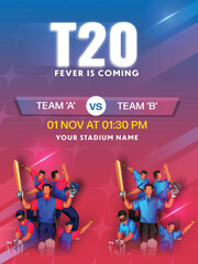 T20 Fever Is Coming Flyer Design With Participating Cricket Player Team Of England VS New Zealand On Gradient Blue And Red Background.