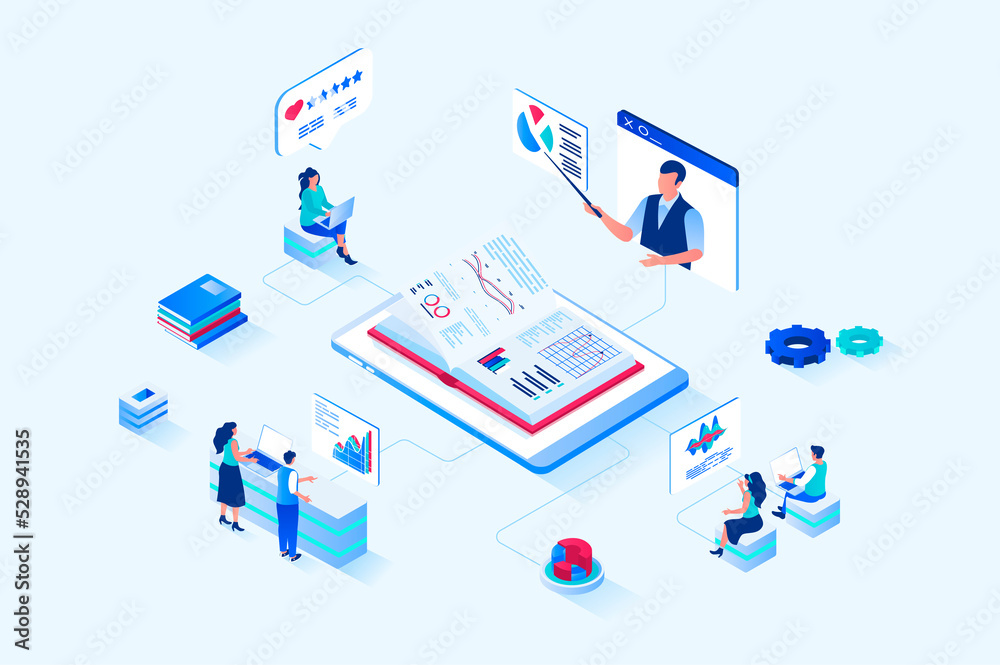 Poster business training 3d isometric web design. people improve their professional skills at business meet