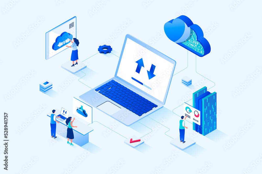 Fototapete Cloud computing 3d isometric web design. People transfer data, share security access to online storage for other users, use hosting services or work with databases servers. Web illustration