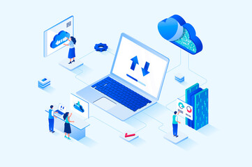 Cloud computing 3d isometric web design. People transfer data, share security access to online storage for other users, use hosting services or work with databases servers. Web illustration - obrazy, fototapety, plakaty