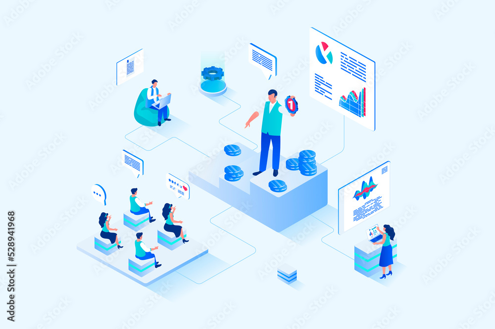 Aufkleber Coaching 3d isometric web design. People listen to business coach at conference and improve their professional skills, the coach optimizes business processes and workflow. Web illustration