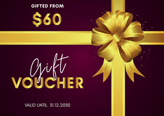 60 Dollar Gift voucher template design with golden bow on magenta background. Premium design for Discount gift coupons, vouchers, gift certificate, gift card, banner, internet ads, social media gift.