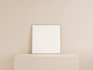 Clean front view square wooden photo or poster frame mockup leanings against wall. 3d rendering.