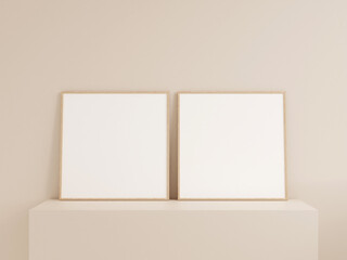 Clean front view square wooden photo or poster frame mockup leanings against wall. 3d rendering.