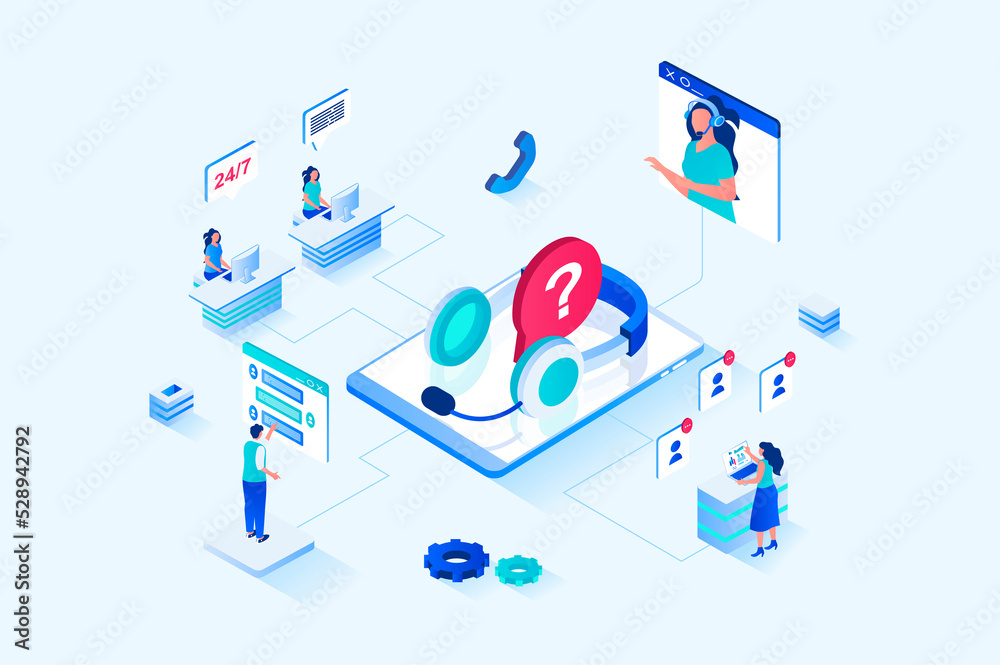 Aufkleber Customer support 3d isometric web design. People call technical support to get advice and resolve their issues, operators in headsets answer and advise, chatting clients. Web illustration