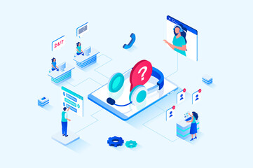 Customer support 3d isometric web design. People call technical support to get advice and resolve their issues, operators in headsets answer and advise, chatting clients. Web illustration - obrazy, fototapety, plakaty